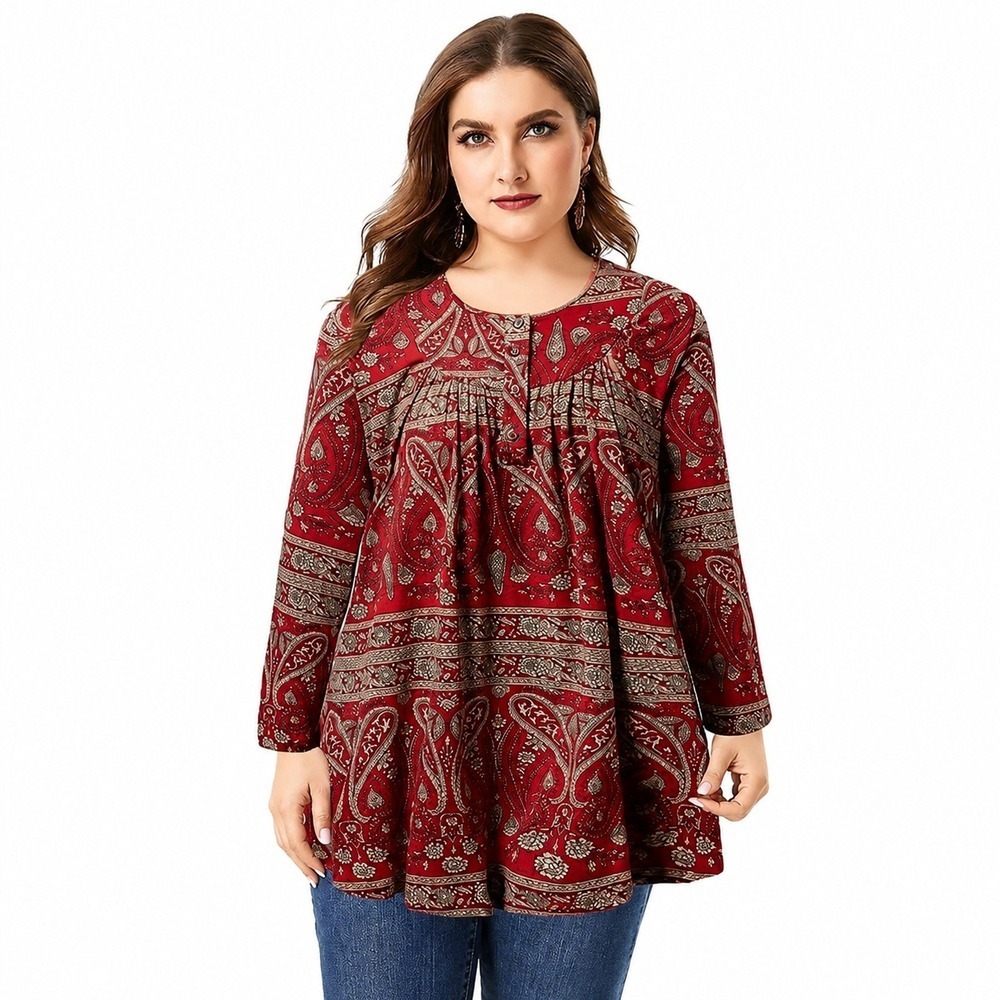 Womens Plus Red Paisley Tunic Top Size 24 Long Sleeve Boho Pleated Babydoll